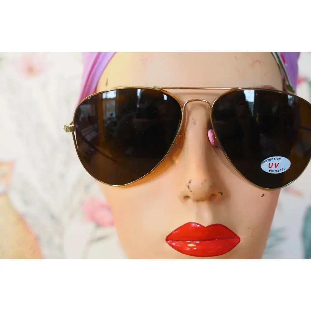 Vintage 1990s Aviator Sunglasses NOS Gold Tone Grandpa Pilot Outdoor Retro